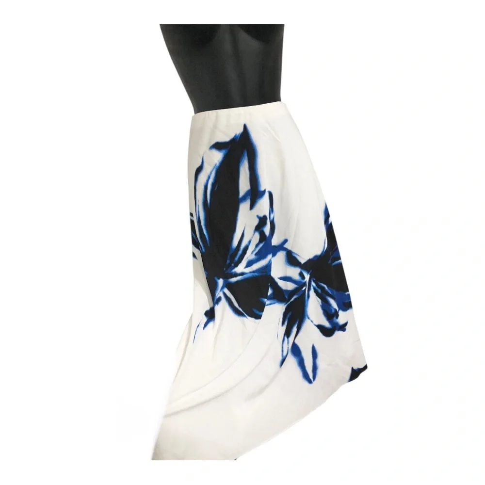 Anne Klein white dark blue fade floral bias cut swing a-line‎ skirt size large